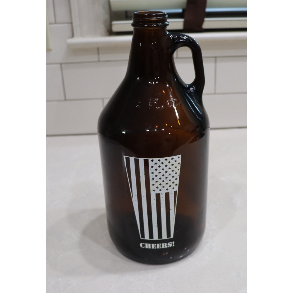 Amber Glass Beer Growler 64 oz American Flag Cheers Jug Brown Brew Bottle